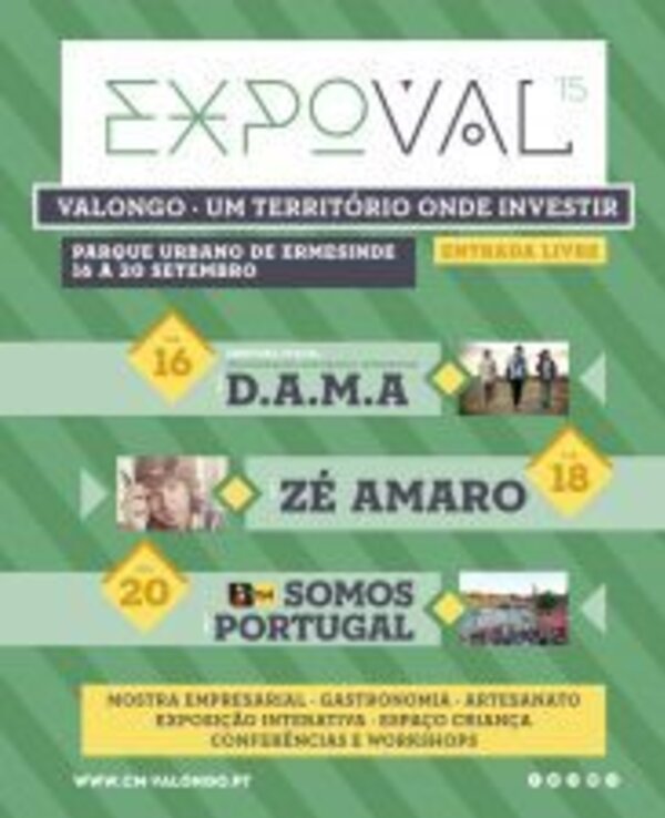 Cartaz do evento Expoval 15 em Valongo, com datas e artistas.