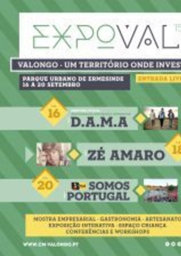 Cartaz do evento Expoval 15 em Valongo, com datas e artistas.