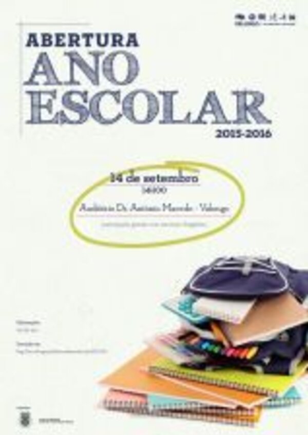 Cartaz da abertura do ano escolar 2015-2016 com data e local.