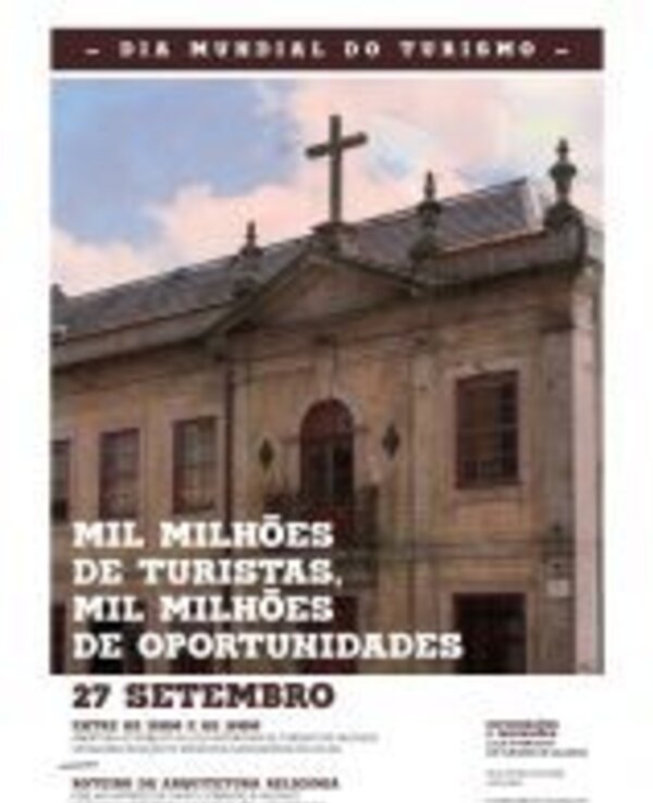 Cartaz do Dia Mundial do Turismo com uma igreja ao fundo e texto informativo.