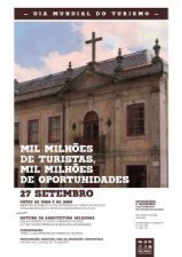 Cartaz do Dia Mundial do Turismo com uma igreja ao fundo e texto informativo.