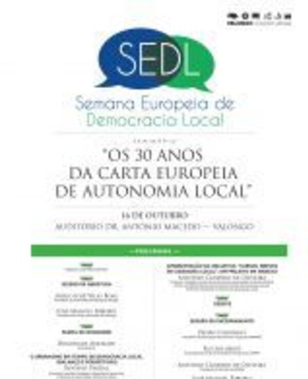 Cartaz da Semana Europeia de Democracia Local com detalhes do evento.