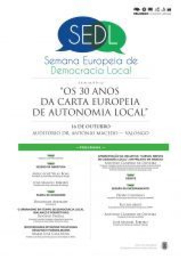 Cartaz da Semana Europeia de Democracia Local com detalhes do evento.