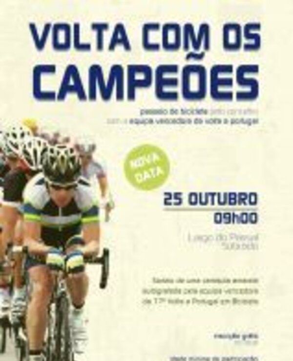 Cartaz da prova de ciclismo 'Volta com os Campeões', com data e local.
