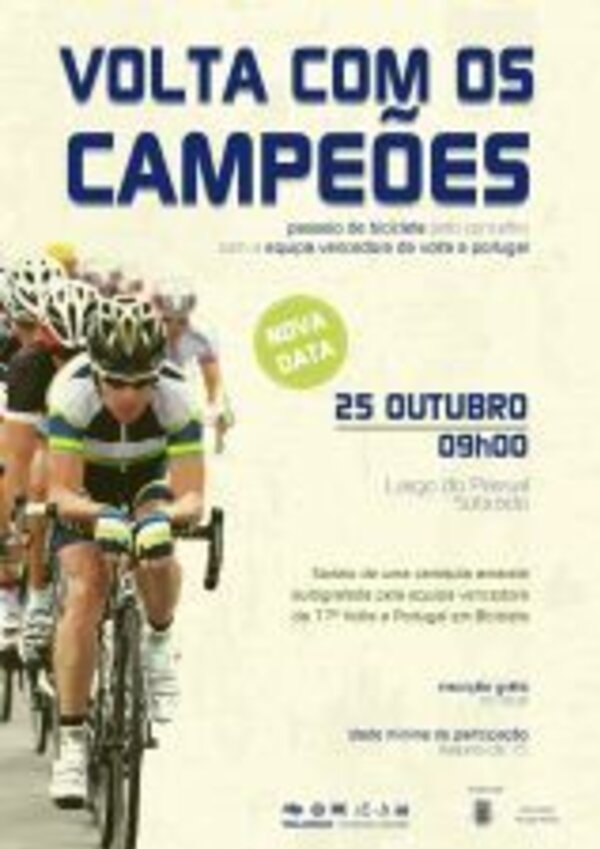 Cartaz da prova de ciclismo 'Volta com os Campeões', com data e local.