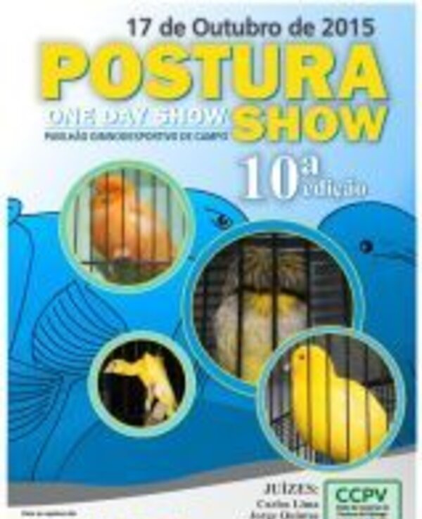 Cartaz do evento 'Postura Show' com imagens de canários em gaiolas.