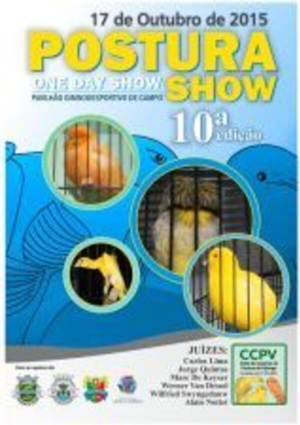 Cartaz do evento 'Postura Show' com imagens de canários em gaiolas.