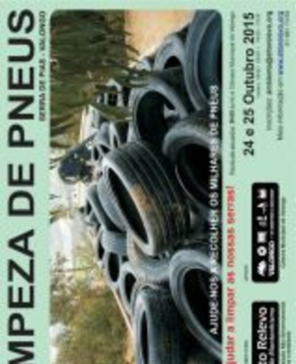 Pneus empilhados em um evento de limpeza, com informações sobre a data.