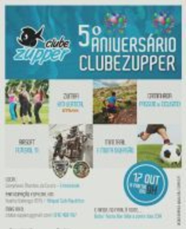 Cartaz do 5º aniversário do Clube Zupper com atividades e data do evento.