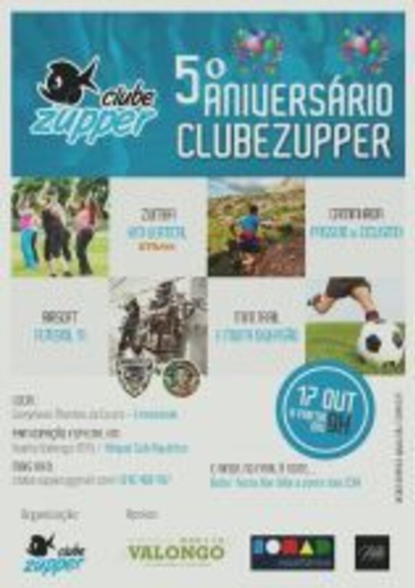 Cartaz do 5º aniversário do Clube Zupper com atividades e data do evento.