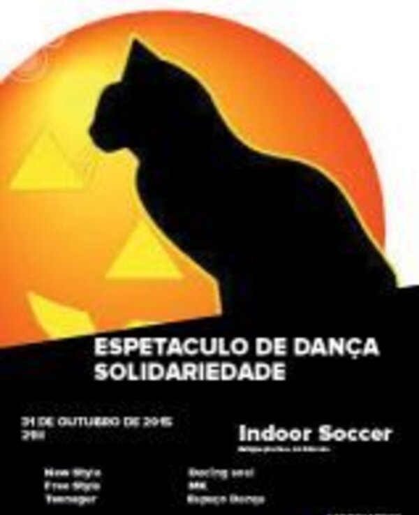 Cartaz de evento de dança solidária com um gato negro em silhueta.