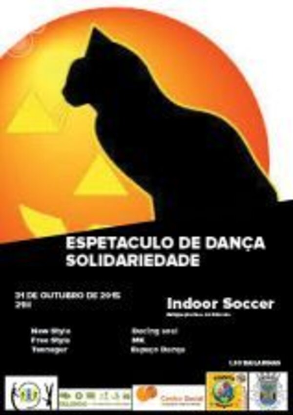 Cartaz de evento de dança solidária com um gato negro em silhueta.