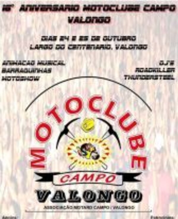 Cartaz do 16º Aniversário do Motoclube Campo Valongo, com data e local.