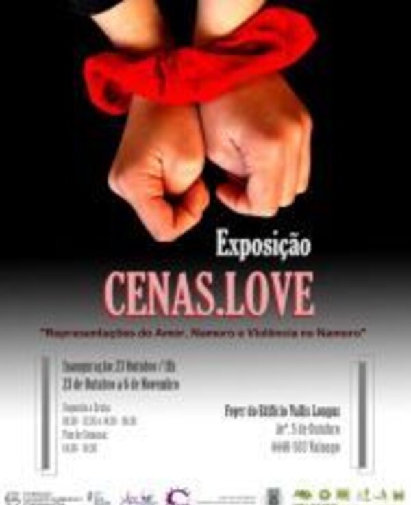 Cartaz da exposição 'CENAS.LOVE' com mãos atadas por um lenço vermelho.