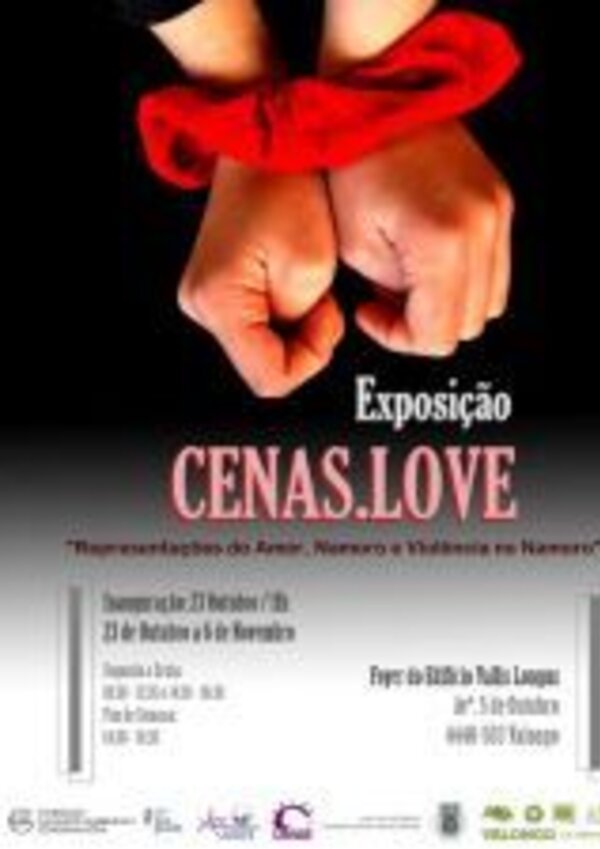 Cartaz da exposição 'CENAS.LOVE' com mãos atadas por um lenço vermelho.