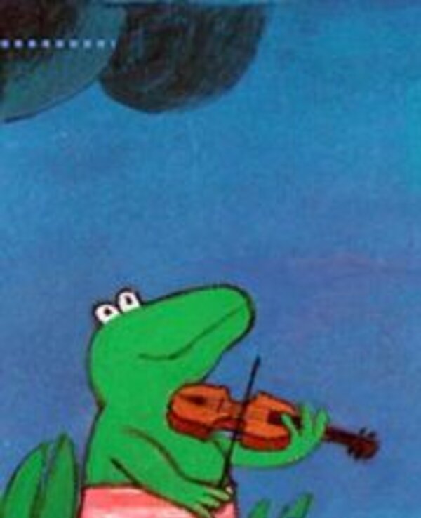 Uma rã verde a tocar violino, com um fundo azul e folhas verdes.