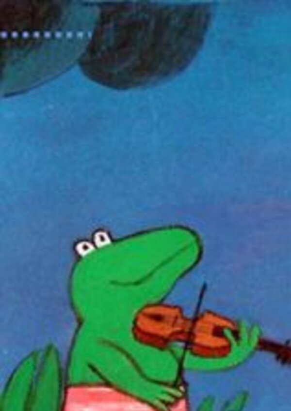 Uma rã verde a tocar violino, com um fundo azul e folhas verdes.