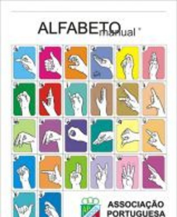 Cartaz com o alfabeto em Língua Gestual Portuguesa, com ilustrações de sinais.