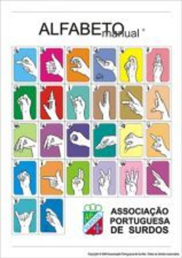 Cartaz com o alfabeto em Língua Gestual Portuguesa, com ilustrações de sinais.