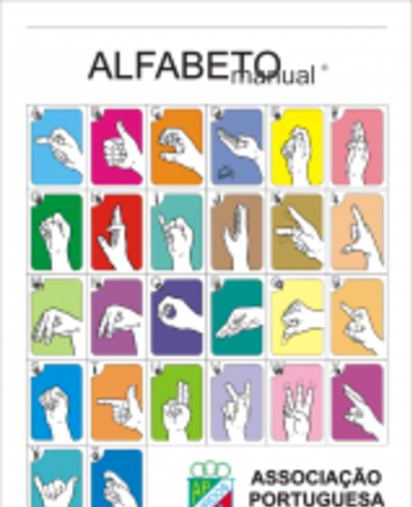 Tabela do alfabeto em Língua Gestual Portuguesa com ilustrações de mãos.