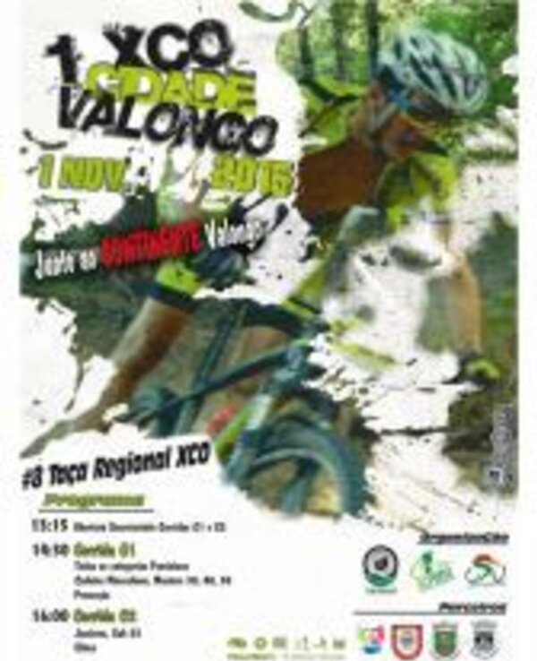 Cartaz do 1º XCO de Valongo, com detalhes do evento e um ciclista em ação.