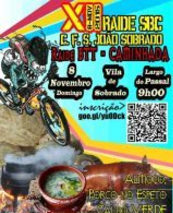 Cartaz do Raide BTT e Caminhada em Vila de Sobrado, com data e informações.
