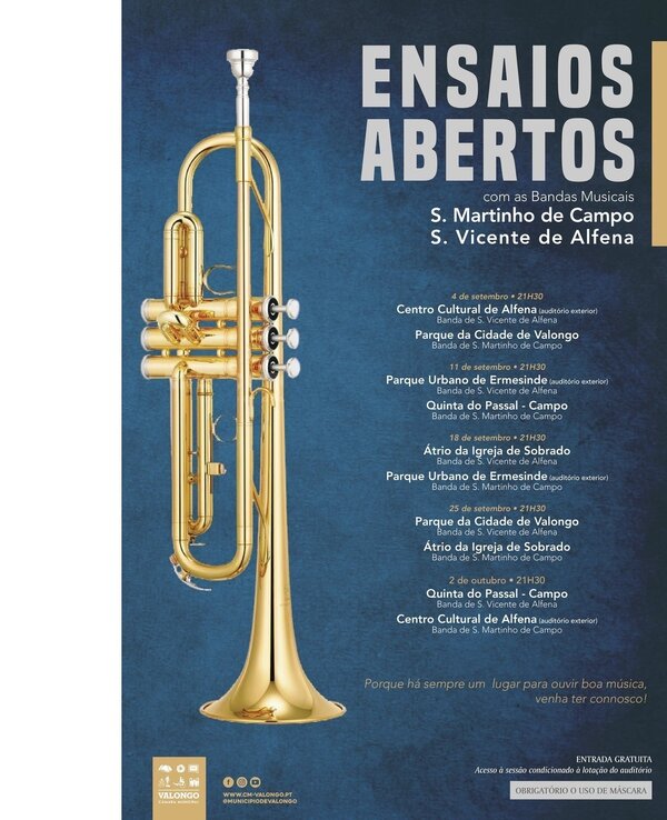 Cartaz dos Ensaios Abertos com uma trompete dourado em destaque.