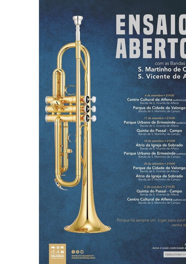 Cartaz dos Ensaios Abertos com uma trompete dourado em destaque.