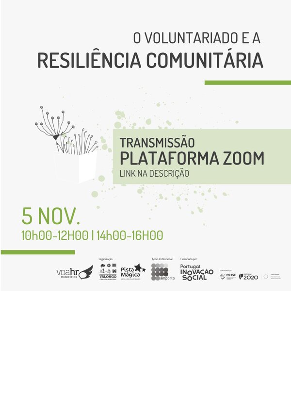 Cartaz sobre o voluntariado e resiliência comunitária, com horários e link para Zoom.