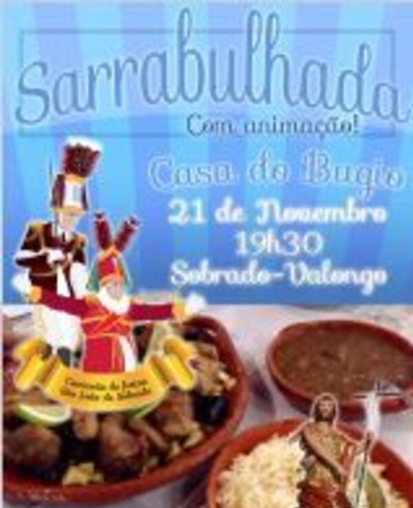Cartaz do evento Sarrabulhada com data, local e pratos típicos.