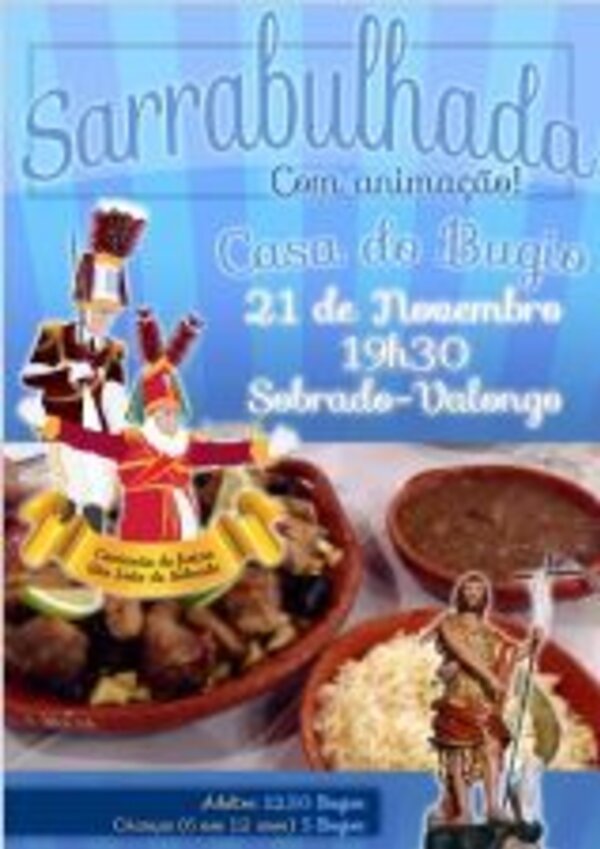 Cartaz do evento Sarrabulhada com data, local e pratos típicos.