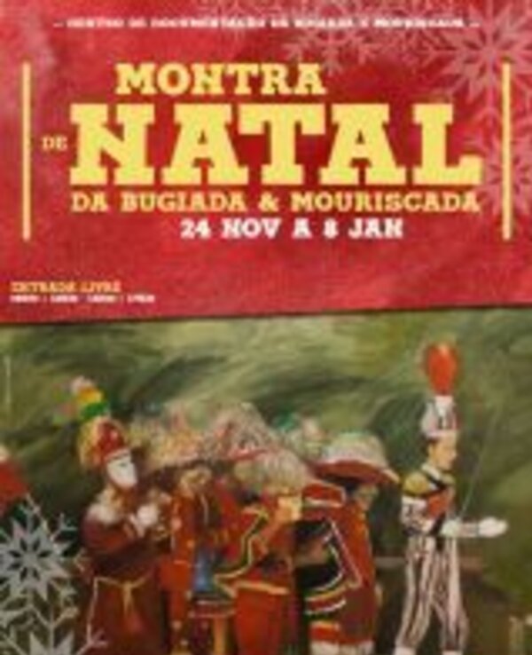 Cartaz da Mostra de Natal com figuras tradicionais da Bugiada e Mouriscada.