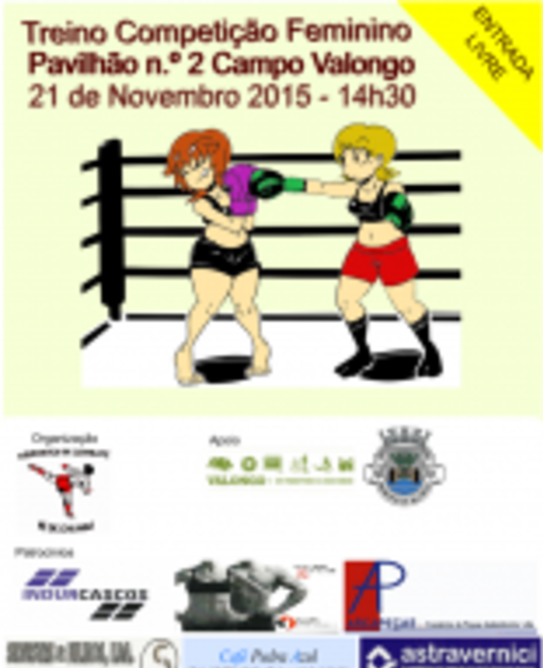 Cartaz de treino de boxe feminino com duas lutadoras em ringue.