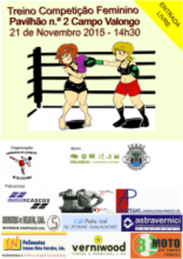 Cartaz de treino de boxe feminino com duas lutadoras em ringue.