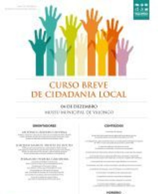 Cartaz do curso de cidadania local com mãos coloridas e informações do evento.