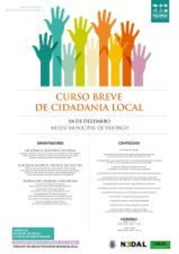 Cartaz do curso de cidadania local com mãos coloridas e informações do evento.