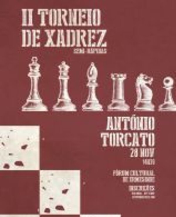 Cartaz do II Torneio de Xadrez, com peças de xadrez e informações do evento.