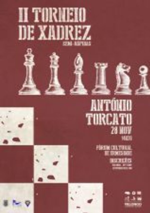 Cartaz do II Torneio de Xadrez, com peças de xadrez e informações do evento.