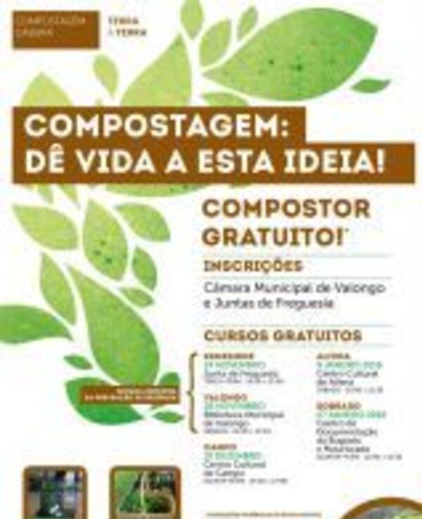 Cartaz sobre compostagem com informações de cursos gratuitos e inscrições.