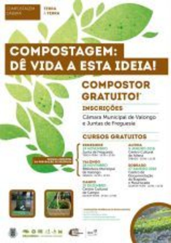 Cartaz sobre compostagem com informações de cursos gratuitos e inscrições.