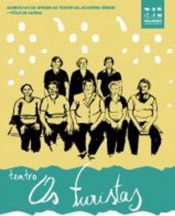 Cartaz do teatro 'Os Furistas' com elenco em fundo amarelo.