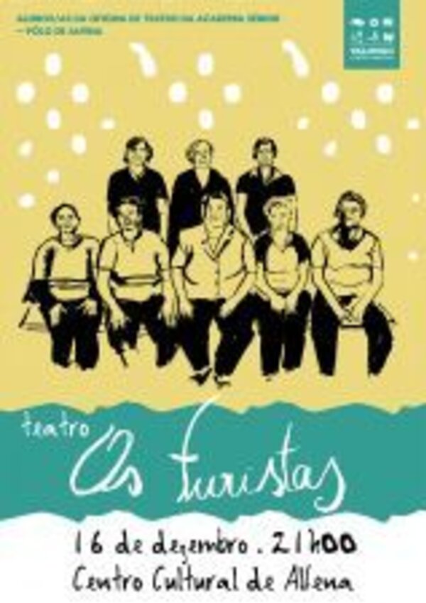 Cartaz do teatro 'Os Furistas' com elenco em fundo amarelo.