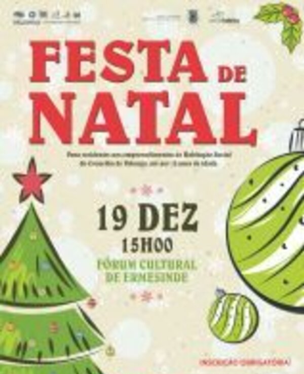 Cartaz da Festa de Natal com árvore, bolas e informações do evento.