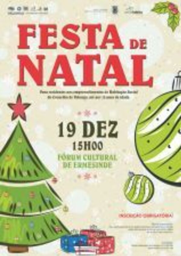 Cartaz da Festa de Natal com árvore, bolas e informações do evento.