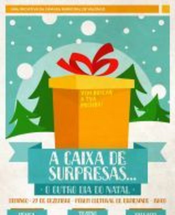 Cartaz colorido com uma caixa de presente e texto sobre evento natalício.