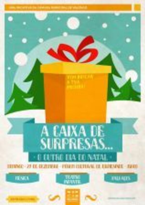 Cartaz colorido com uma caixa de presente e texto sobre evento natalício.