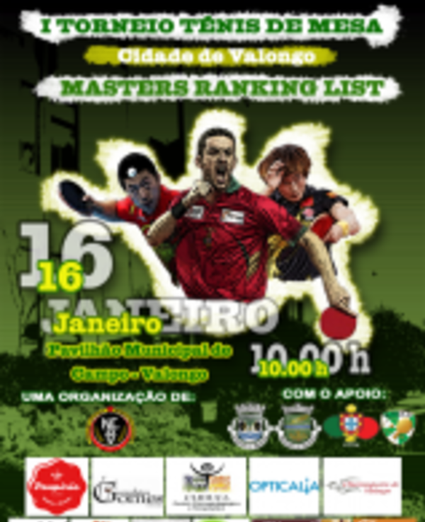 Cartaz do I Torneio de Ténis de Mesa em Valongo, com data e local.