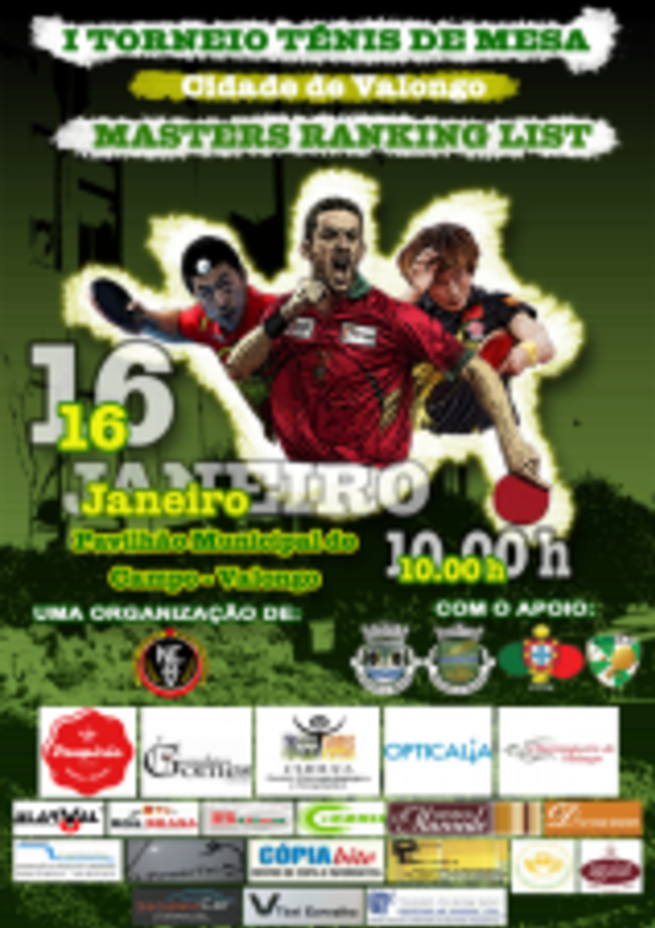 Cartaz do I Torneio de Ténis de Mesa em Valongo, com data e local.