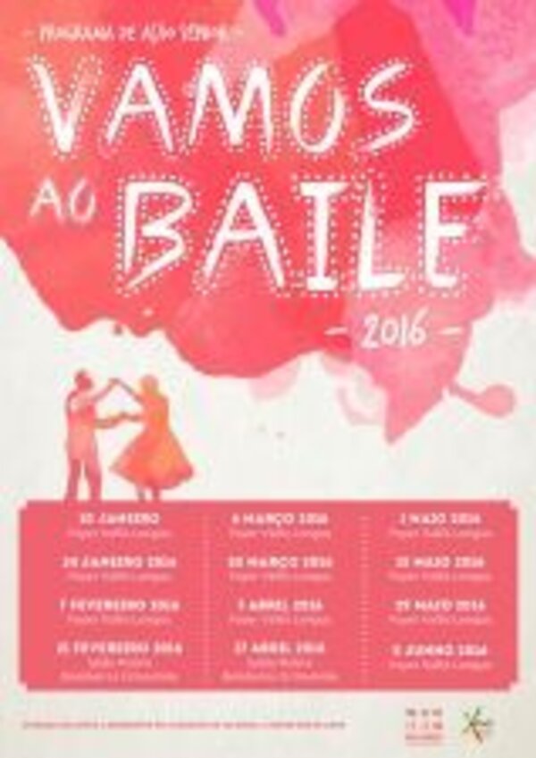 Cartaz do evento 'Vamos ao Baile 2016' com datas e dançarinos.