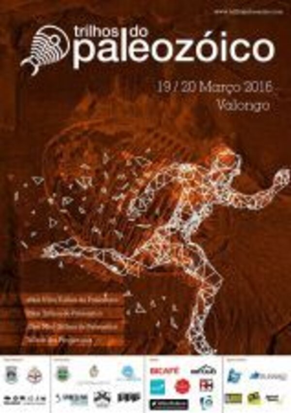 Cartaz do evento 'Trilhos do Paleozóico' com um corredor estilizado.